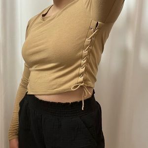 F21 Beige Brown Side Lace Up Cutout Long Sleeve Y2K Crop Top Size Large